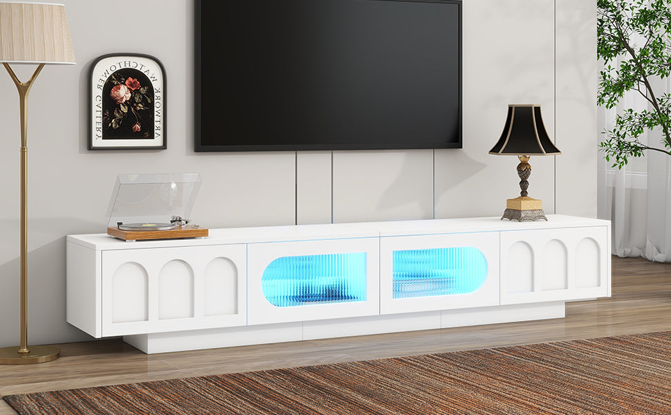 TV Stand with Fluted tempered Glass Doors for TVs Up to 95'',with APP-Controlled LED Light