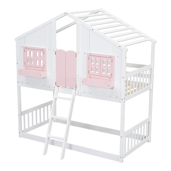 Twin/Twin HBunk Bed with Roof, Window, Window Box, Door, with Safety Guardrails and Ladder White