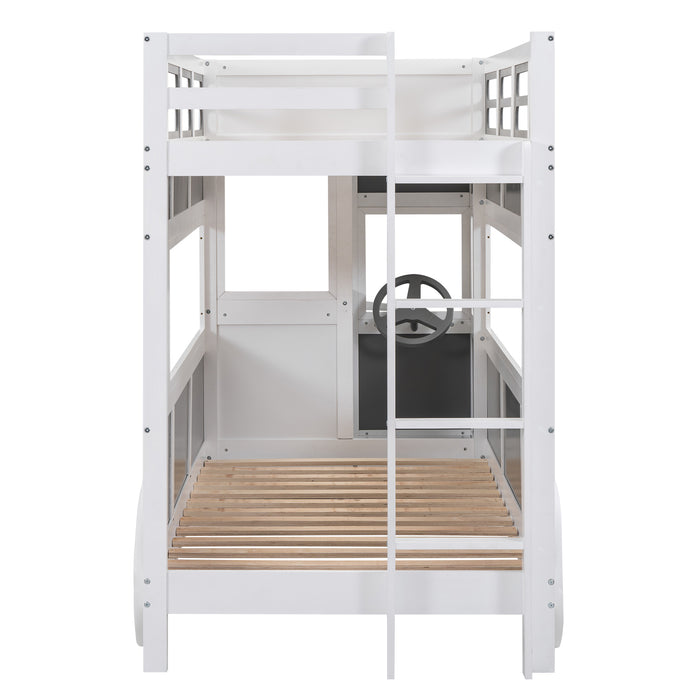 Twin/Twin Bus-shaped Bunk Bed with Wheels and Storage, Gray+White