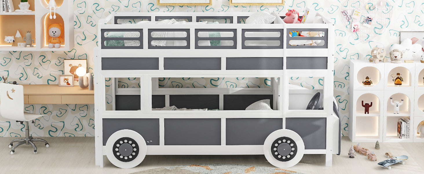 Twin/Twin Bus-shaped Bunk Bed with Wheels and Storage, Gray+White