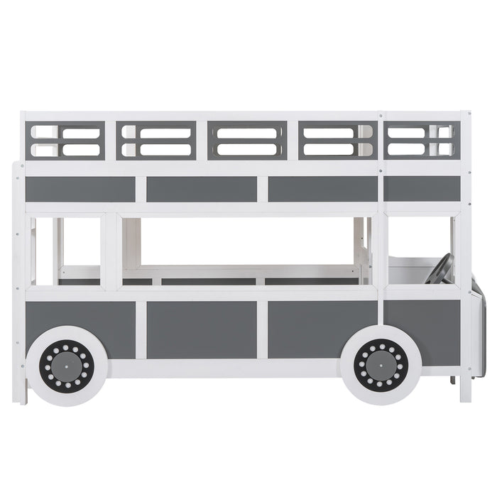 Twin/Twin Bus-shaped Bunk Bed with Wheels and Storage, Gray+White