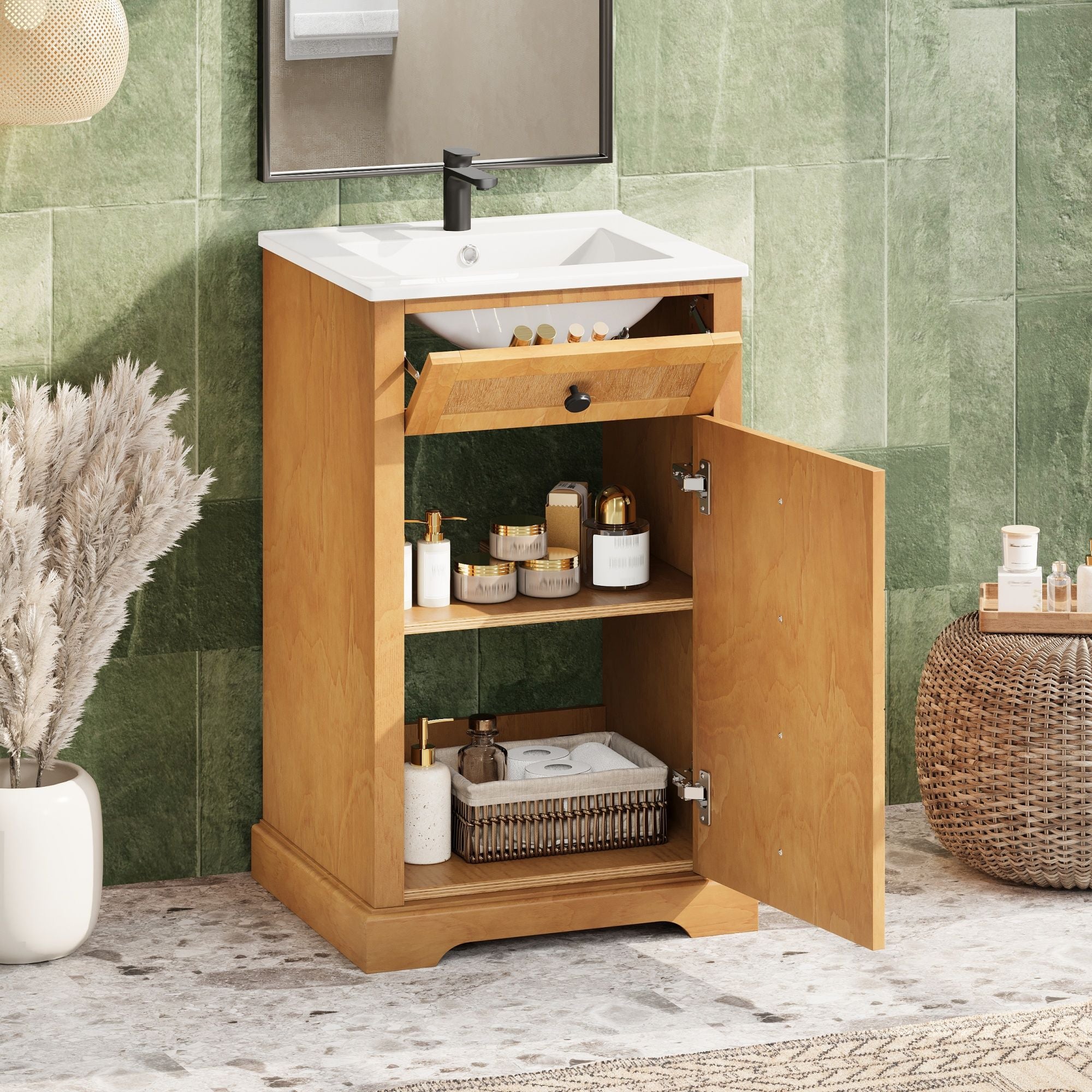 Bathroom Vanity With Integrated Sink, Soft-Closing Door - Natural Wood