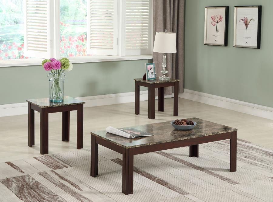 Rhodes - 3 Piece Faux Marble Top Coffee Table Set - Brown