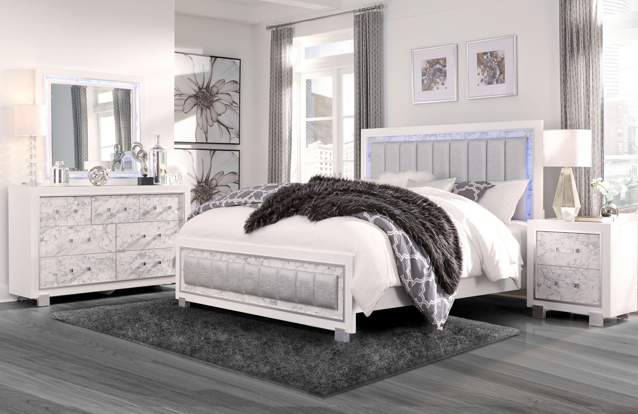 Santorini - King Bed - Metallic White