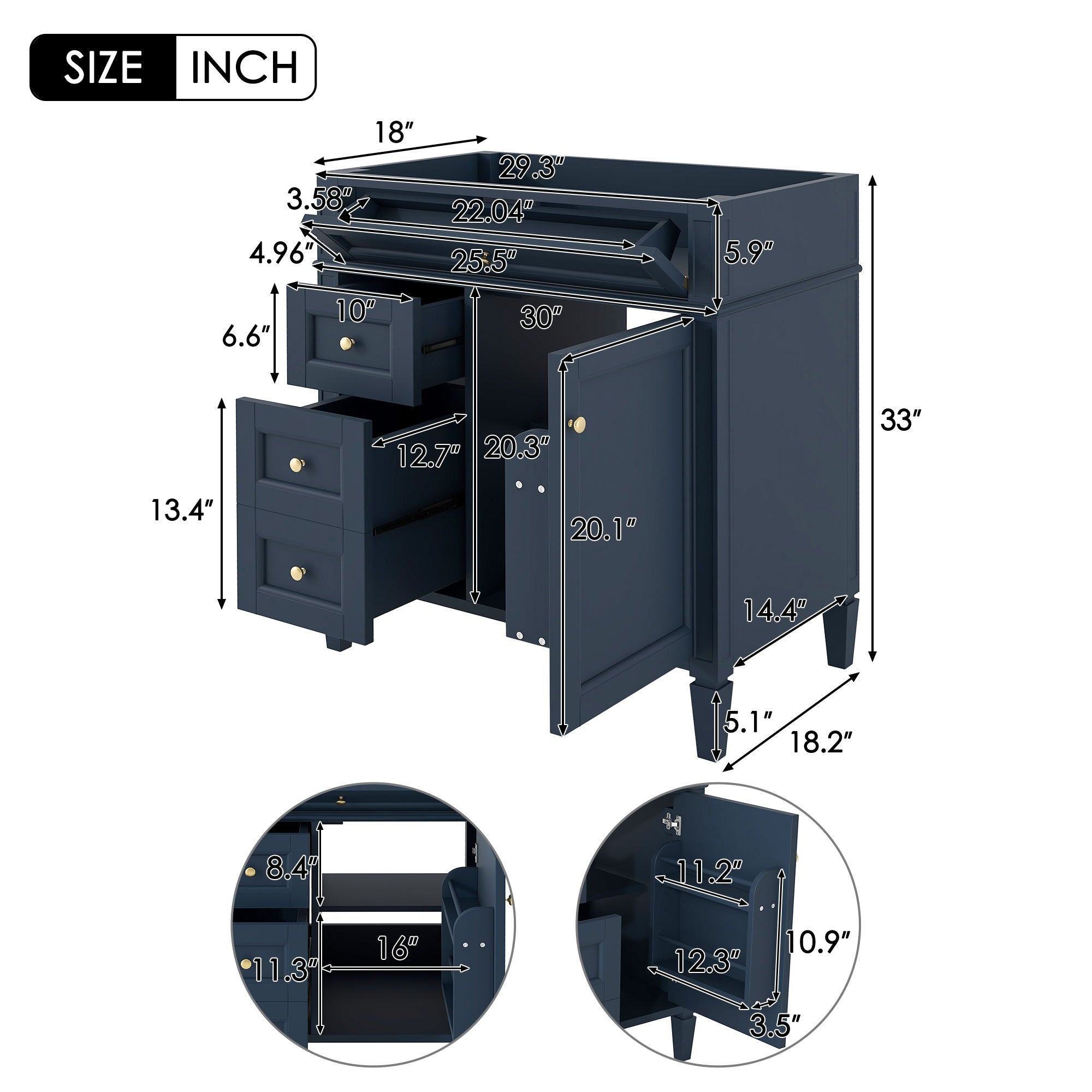 Bathroom Vanity With 2 Drawers And Tip-Out Drawer, Storage Cabinet