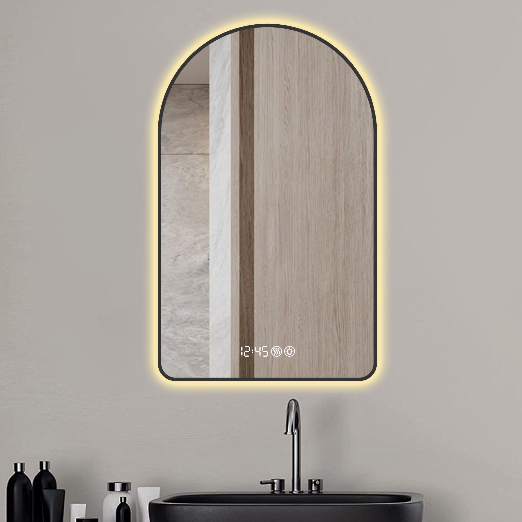 Arched LED Vanity Mirror With Time & Temperature Display, Anti-Fog, Dimmable Backlight In Frame, 3 Color Temperatures