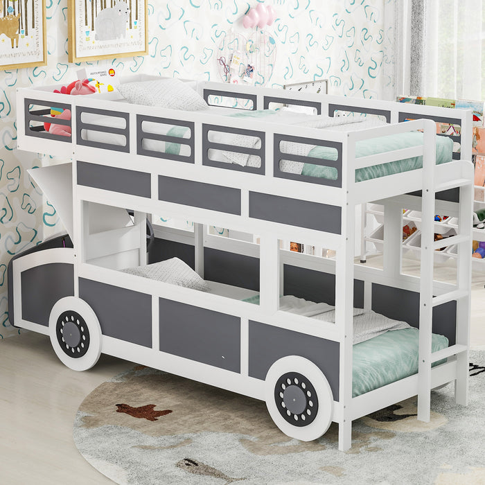 Twin/Twin Bus-shaped Bunk Bed with Wheels and Storage, Gray+White