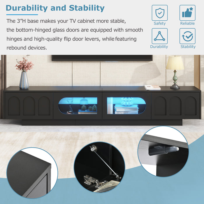 TV Stand with Fluted tempered Glass Doors for TVs Up to 95'',with APP-Controlled LED Light