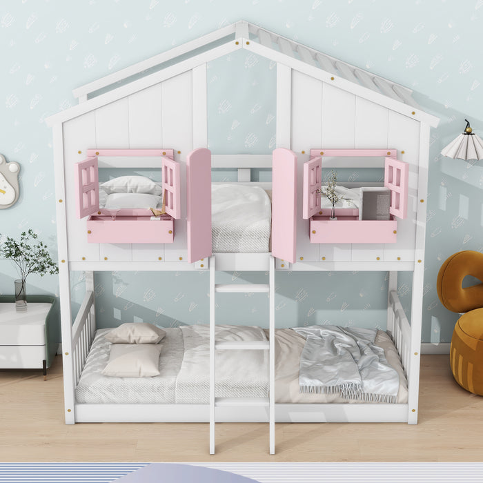 Twin/Twin HBunk Bed with Roof, Window, Window Box, Door, with Safety Guardrails and Ladder White