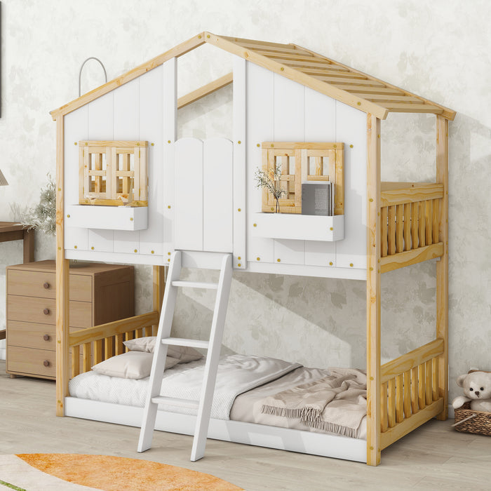 Twin/Twin HBunk Bed with Roof, Window, Window Box, Door, with Safety Guardrails and Ladder White