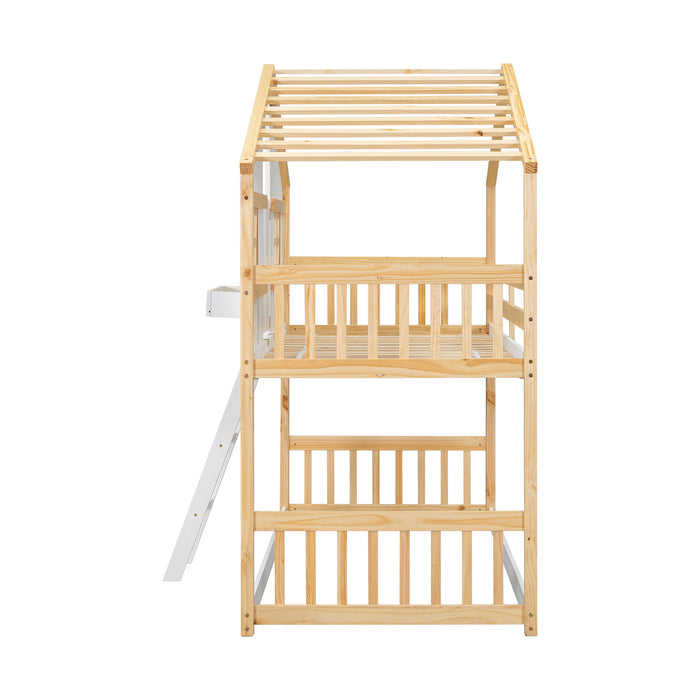 Twin/Twin HBunk Bed with Roof, Window, Window Box, Door, with Safety Guardrails and Ladder White