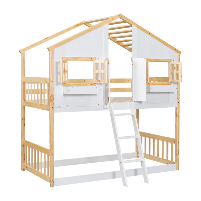 Twin/Twin HBunk Bed with Roof, Window, Window Box, Door, with Safety Guardrails and Ladder White