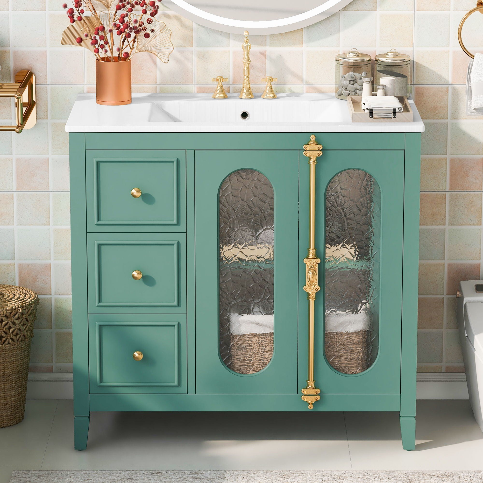 Bathroom Vanity With 3 Drawers And 2 Soft Close Doors Cabinet - Lake Green