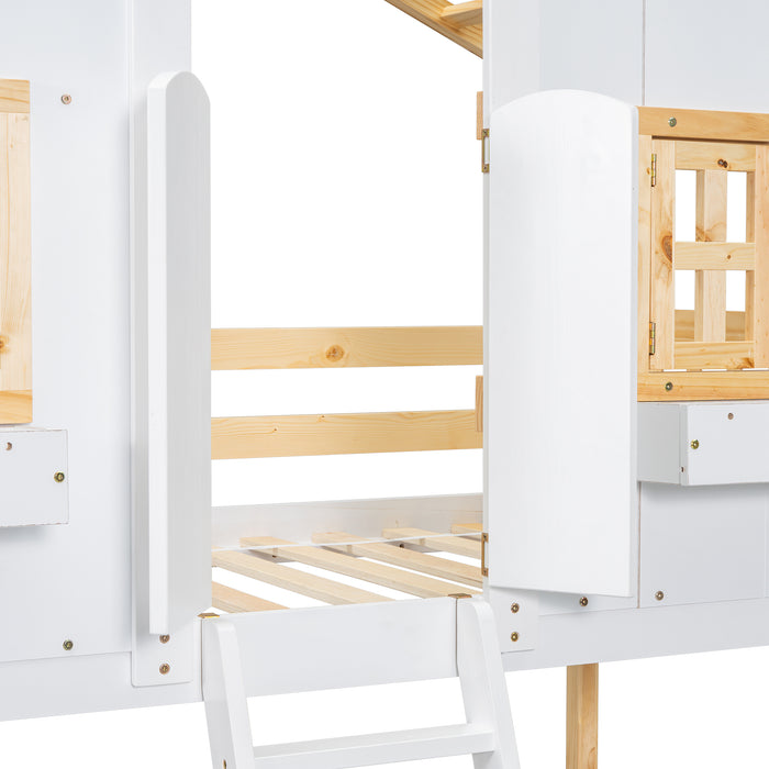 Twin/Twin HBunk Bed with Roof, Window, Window Box, Door, with Safety Guardrails and Ladder White