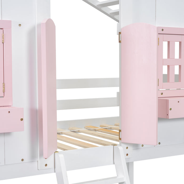 Twin/Twin HBunk Bed with Roof, Window, Window Box, Door, with Safety Guardrails and Ladder White