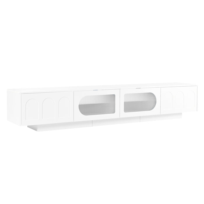 TV Stand with Fluted tempered Glass Doors for TVs Up to 95'',with APP-Controlled LED Light