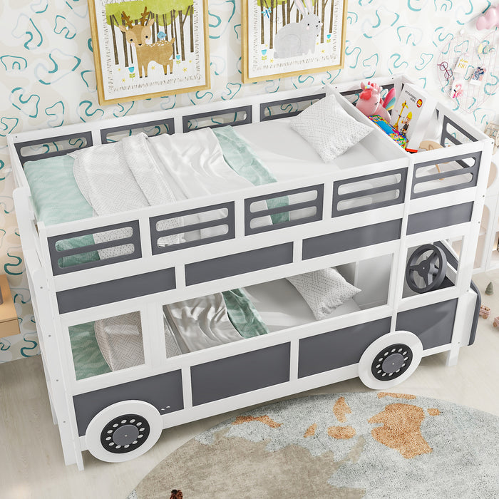 Twin/Twin Bus-shaped Bunk Bed with Wheels and Storage, Gray+White