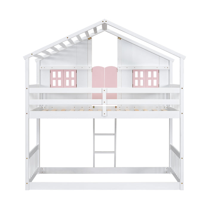 Twin/Twin HBunk Bed with Roof, Window, Window Box, Door, with Safety Guardrails and Ladder White