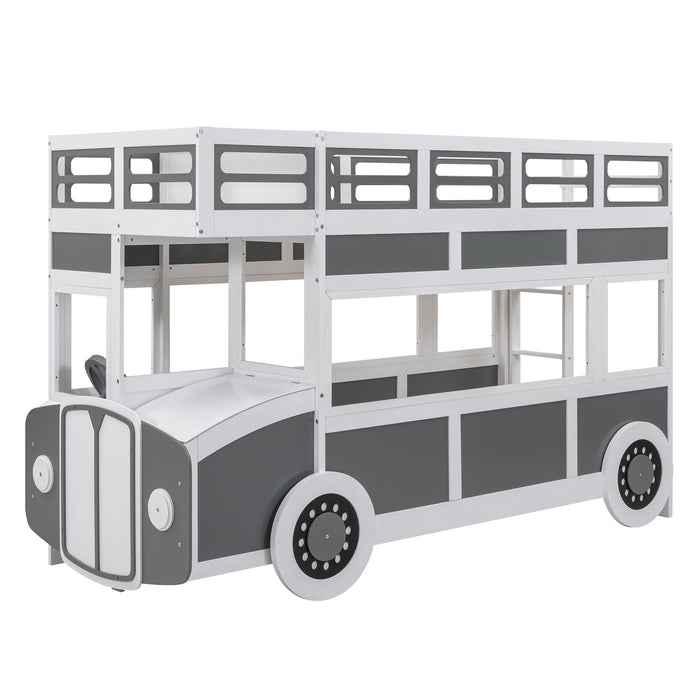 Twin/Twin Bus-shaped Bunk Bed with Wheels and Storage, Gray+White