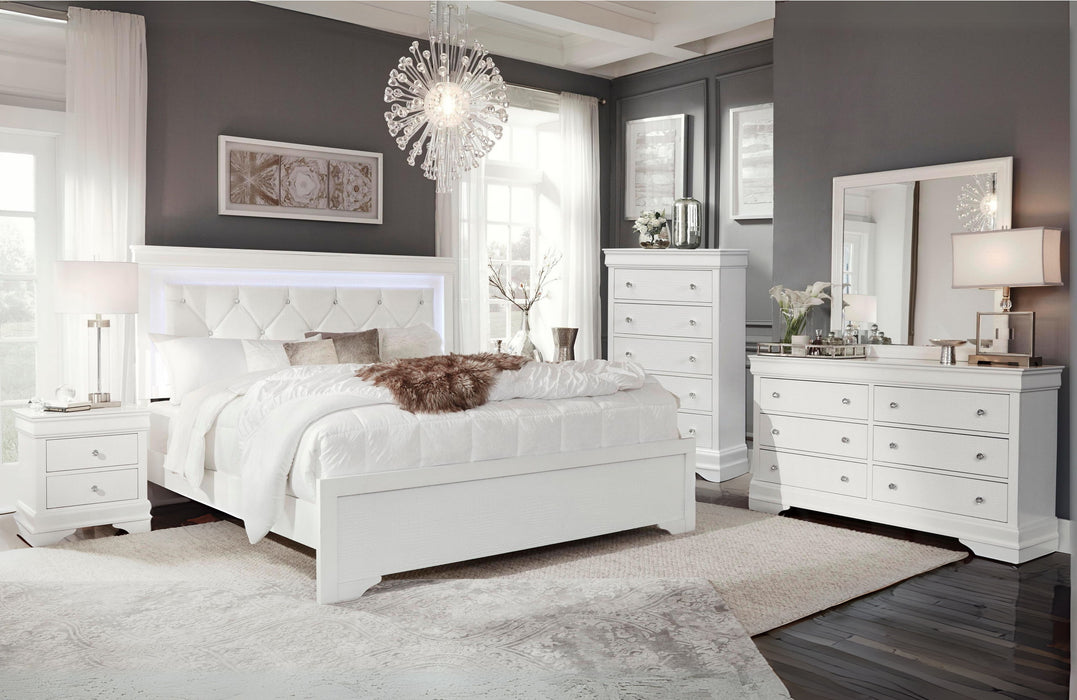 Pompei - 5 Piece King Bedroom Set With LED - Metallic White