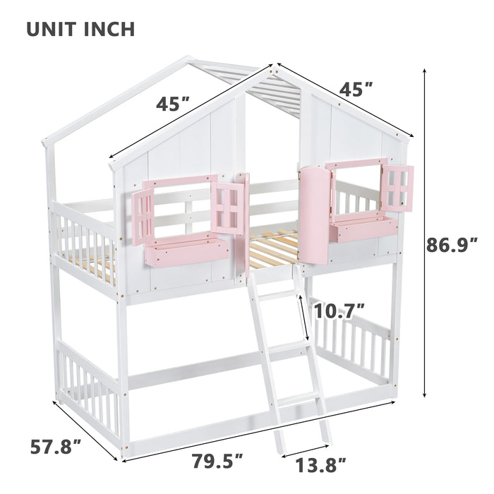 Twin/Twin HBunk Bed with Roof, Window, Window Box, Door, with Safety Guardrails and Ladder White