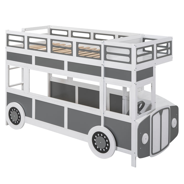 Twin/Twin Bus-shaped Bunk Bed with Wheels and Storage, Gray+White