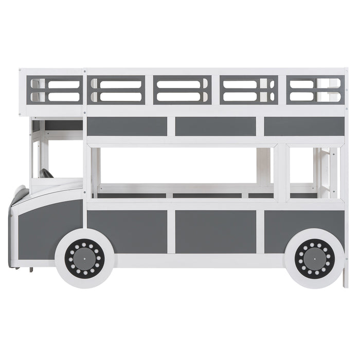 Twin/Twin Bus-shaped Bunk Bed with Wheels and Storage, Gray+White