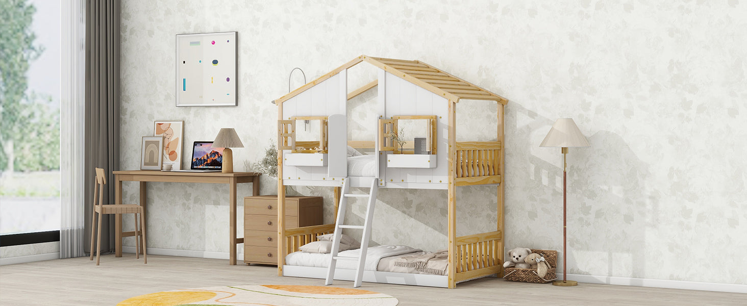 Twin/Twin HBunk Bed with Roof, Window, Window Box, Door, with Safety Guardrails and Ladder White