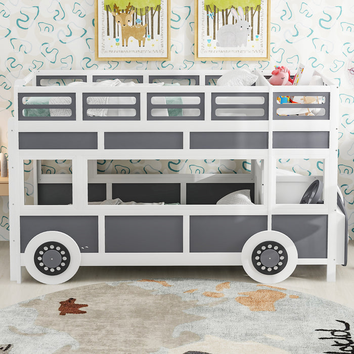 Twin/Twin Bus-shaped Bunk Bed with Wheels and Storage, Gray+White