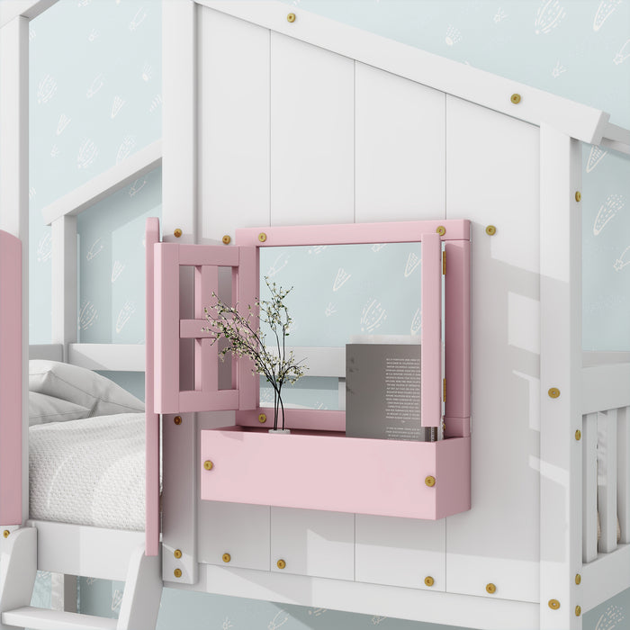 Twin/Twin HBunk Bed with Roof, Window, Window Box, Door, with Safety Guardrails and Ladder White