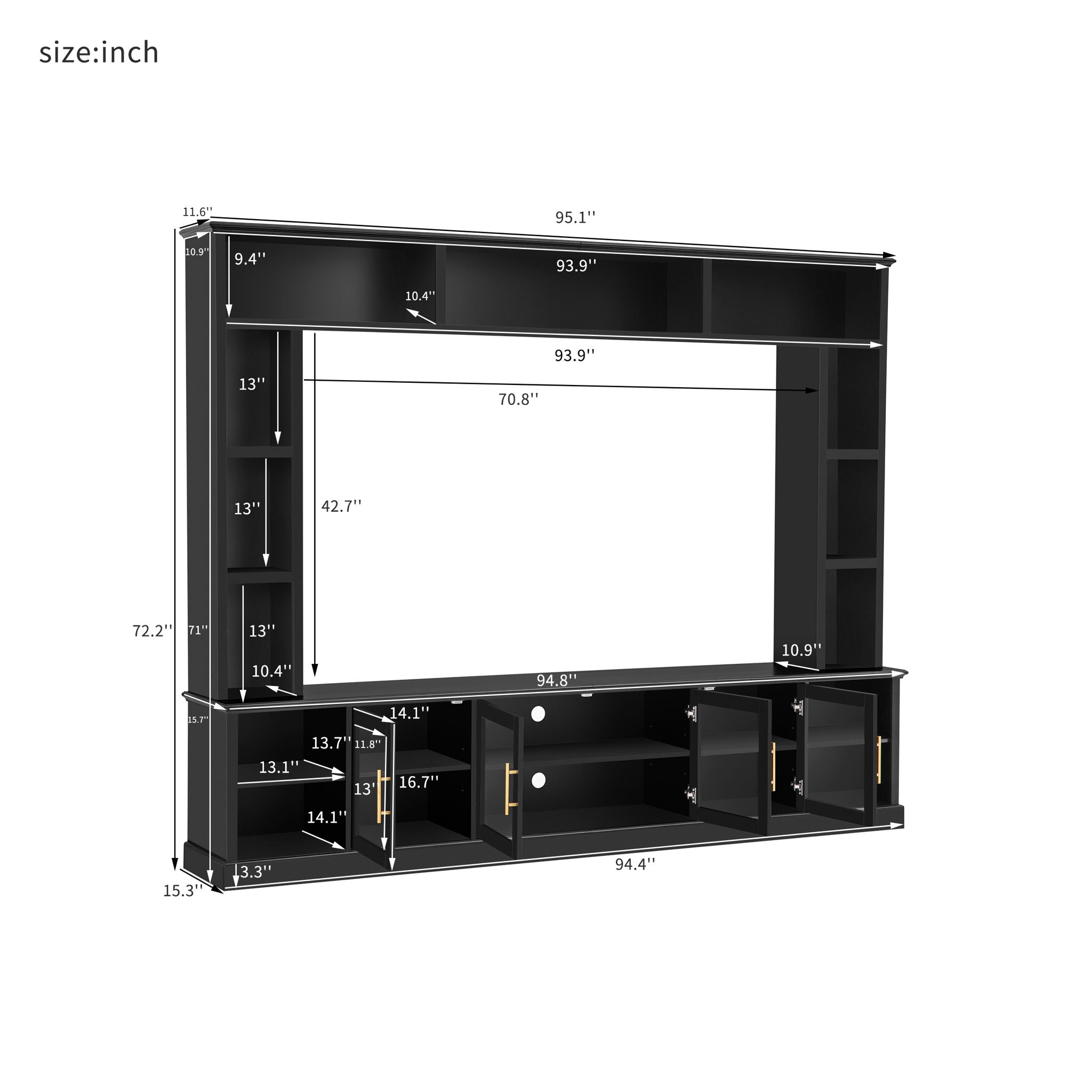 All-In-One Entertainment Center With Bookshelves & Tempered Glass Doors, TV Console Unit For Living Room
