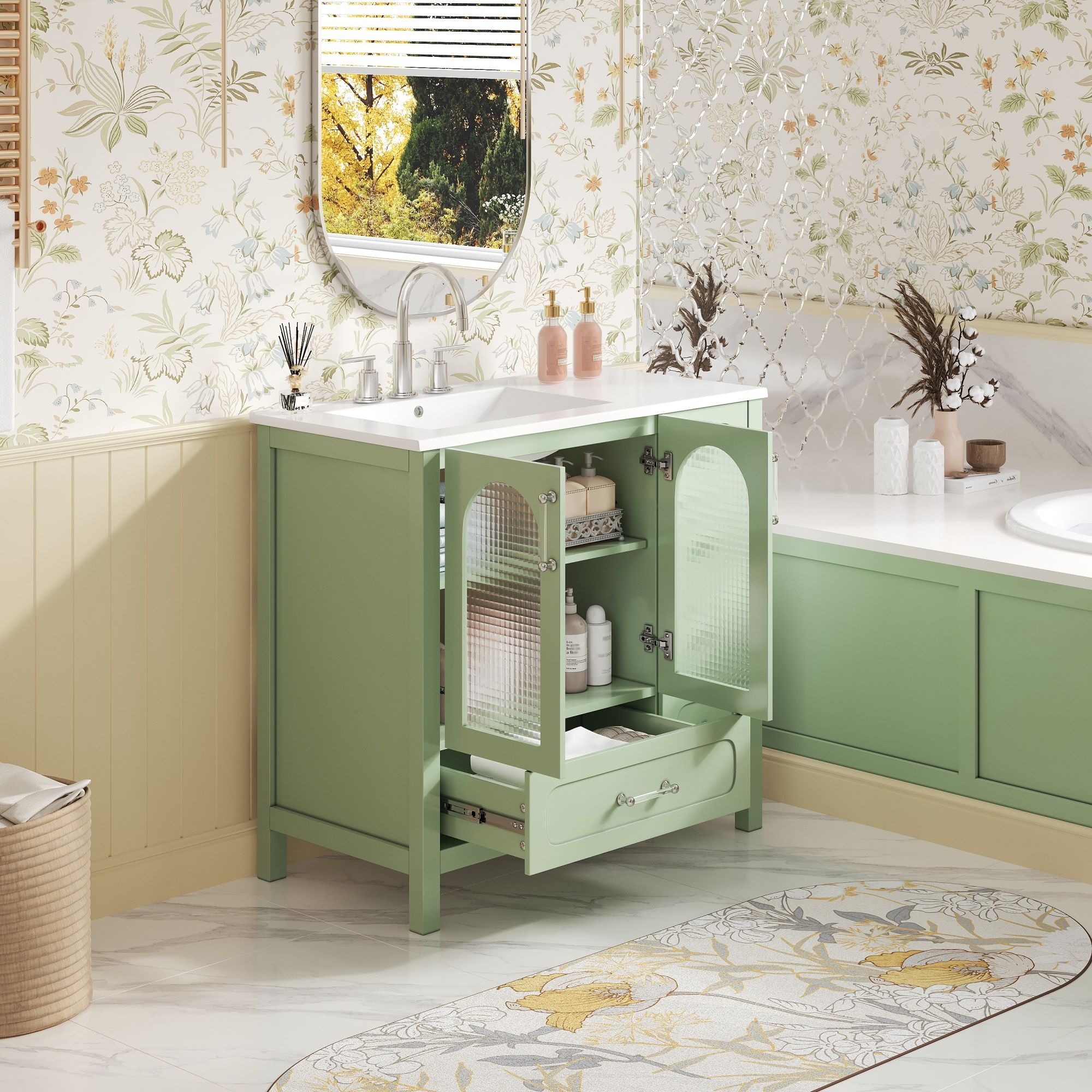 Bathroom Cabinet With Waffle Texture Doors, 4 Drawer Vanity With Soft-Closing Hinges And Glass Panels - Green
