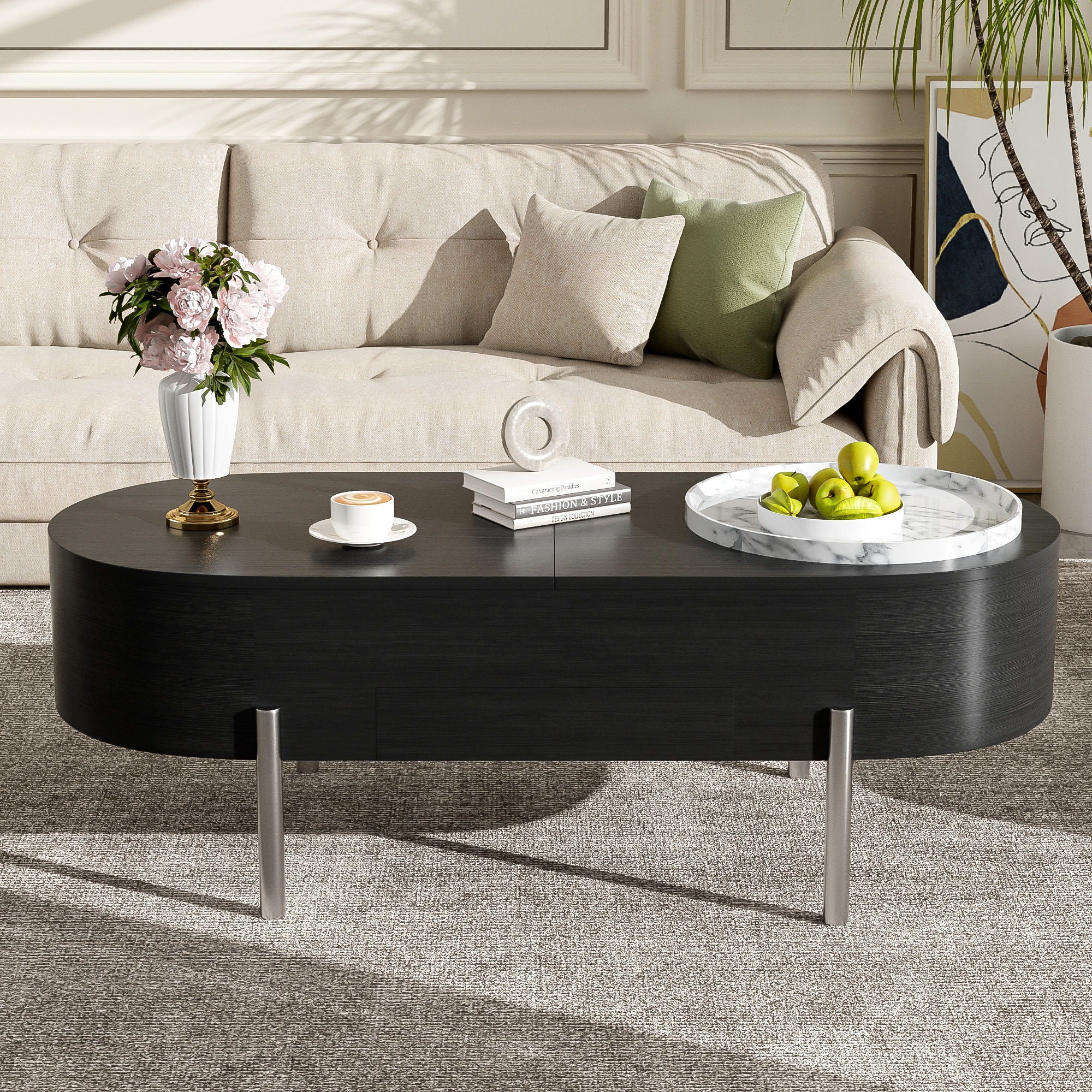 Lift Top Coffee Table With 360 Degree Marble Patterned Rotating Tray