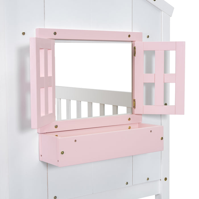 Twin/Twin HBunk Bed with Roof, Window, Window Box, Door, with Safety Guardrails and Ladder White