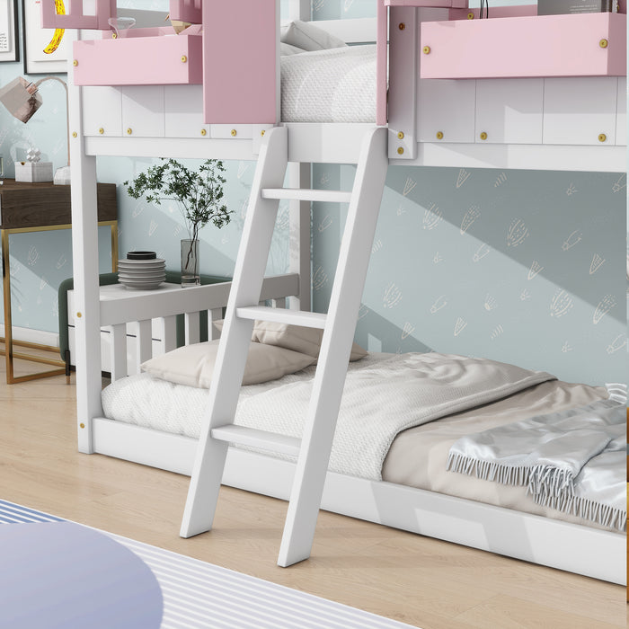 Twin/Twin HBunk Bed with Roof, Window, Window Box, Door, with Safety Guardrails and Ladder White