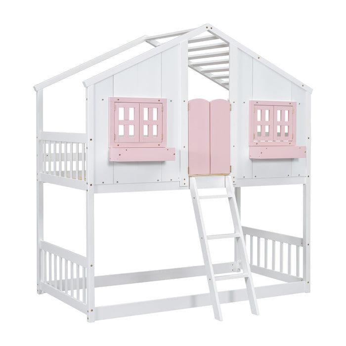 Twin/Twin HBunk Bed with Roof, Window, Window Box, Door, with Safety Guardrails and Ladder White