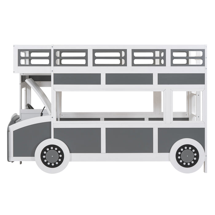 Twin/Twin Bus-shaped Bunk Bed with Wheels and Storage, Gray+White