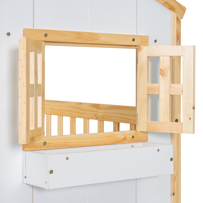 Twin/Twin HBunk Bed with Roof, Window, Window Box, Door, with Safety Guardrails and Ladder White