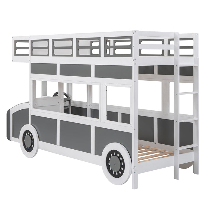 Twin/Twin Bus-shaped Bunk Bed with Wheels and Storage, Gray+White