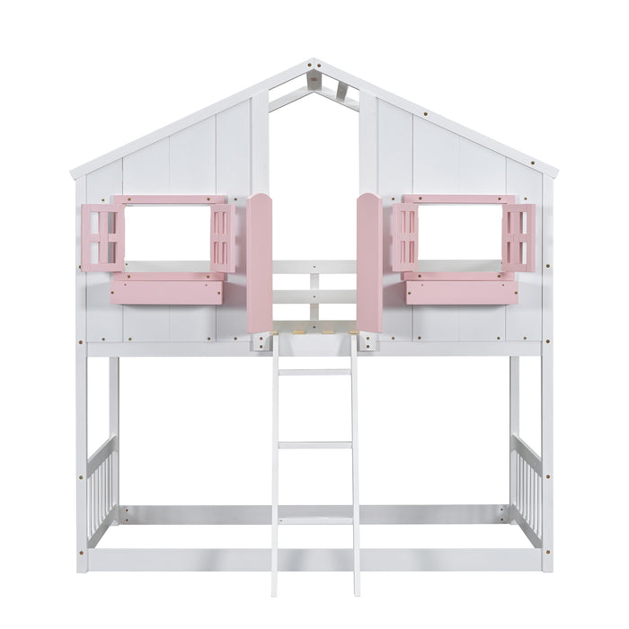 Twin/Twin HBunk Bed with Roof, Window, Window Box, Door, with Safety Guardrails and Ladder White