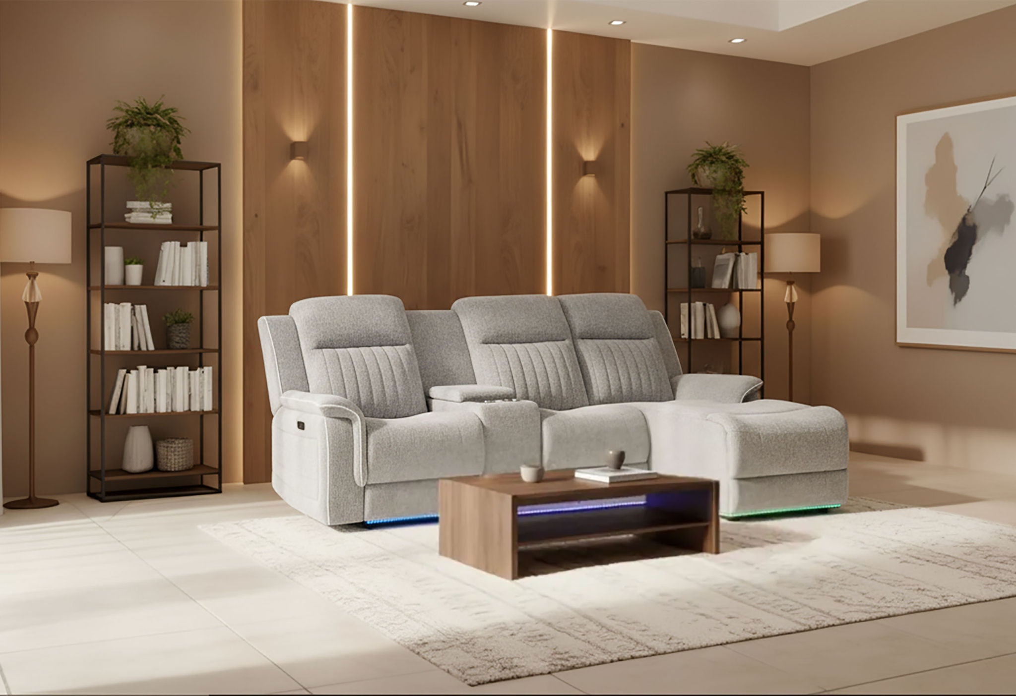 U8879 - Power Pushback Sectional With Multi Color LED And Global Surround Sound Speakers - Light Gray
