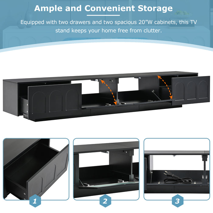 TV Stand with Fluted tempered Glass Doors for TVs Up to 95'',with APP-Controlled LED Light