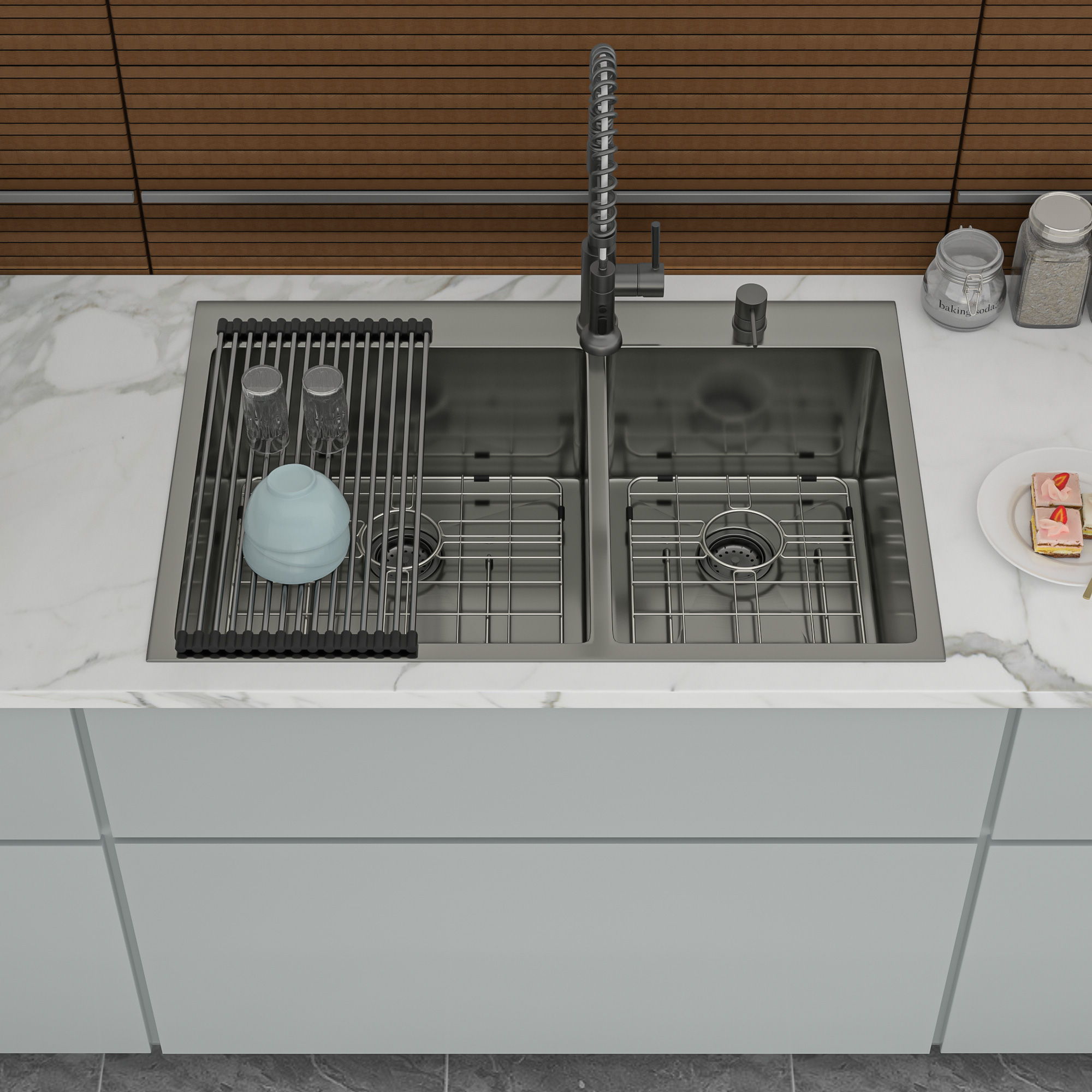 Double Bowl Drop In Sink With 2 - 9" Deep Basins - Gunmetal Black