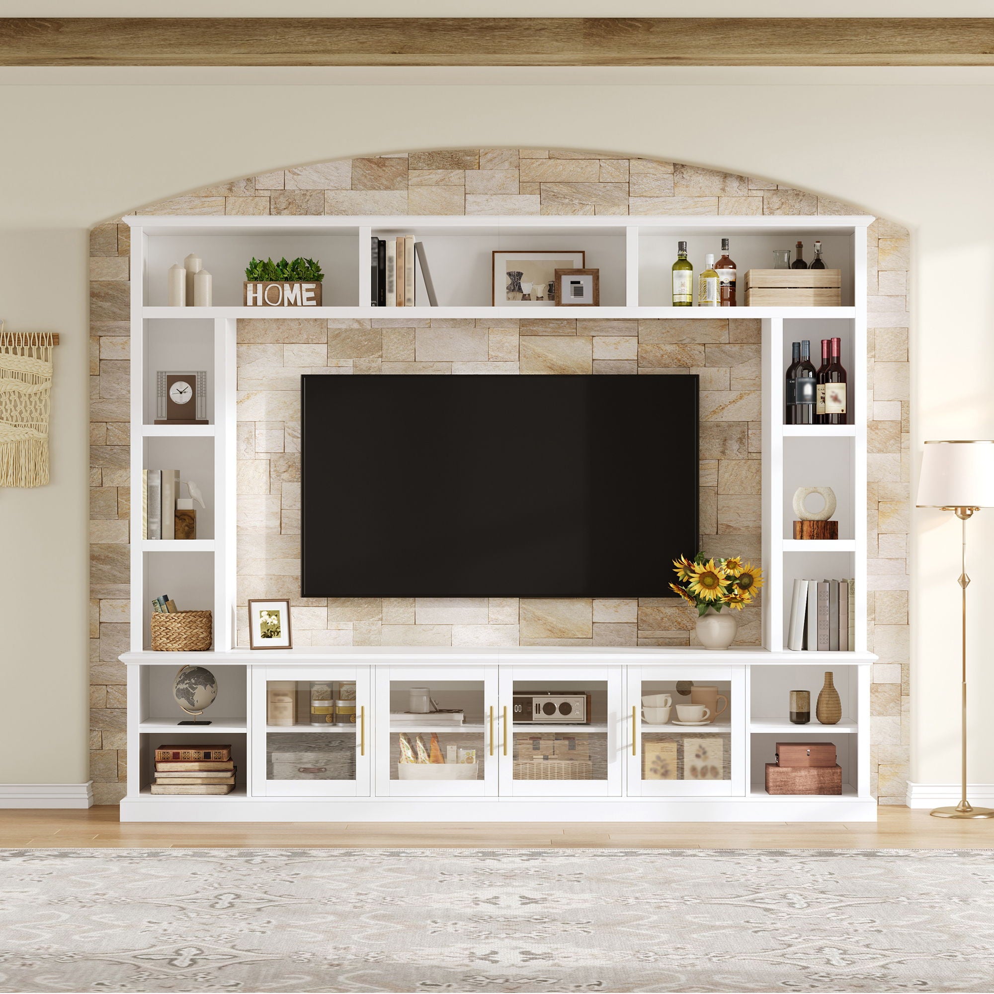 All-In-One Entertainment Center With Bookshelves & Tempered Glass Doors, TV Console Unit For Living Room