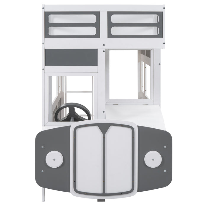 Twin/Twin Bus-shaped Bunk Bed with Wheels and Storage, Gray+White