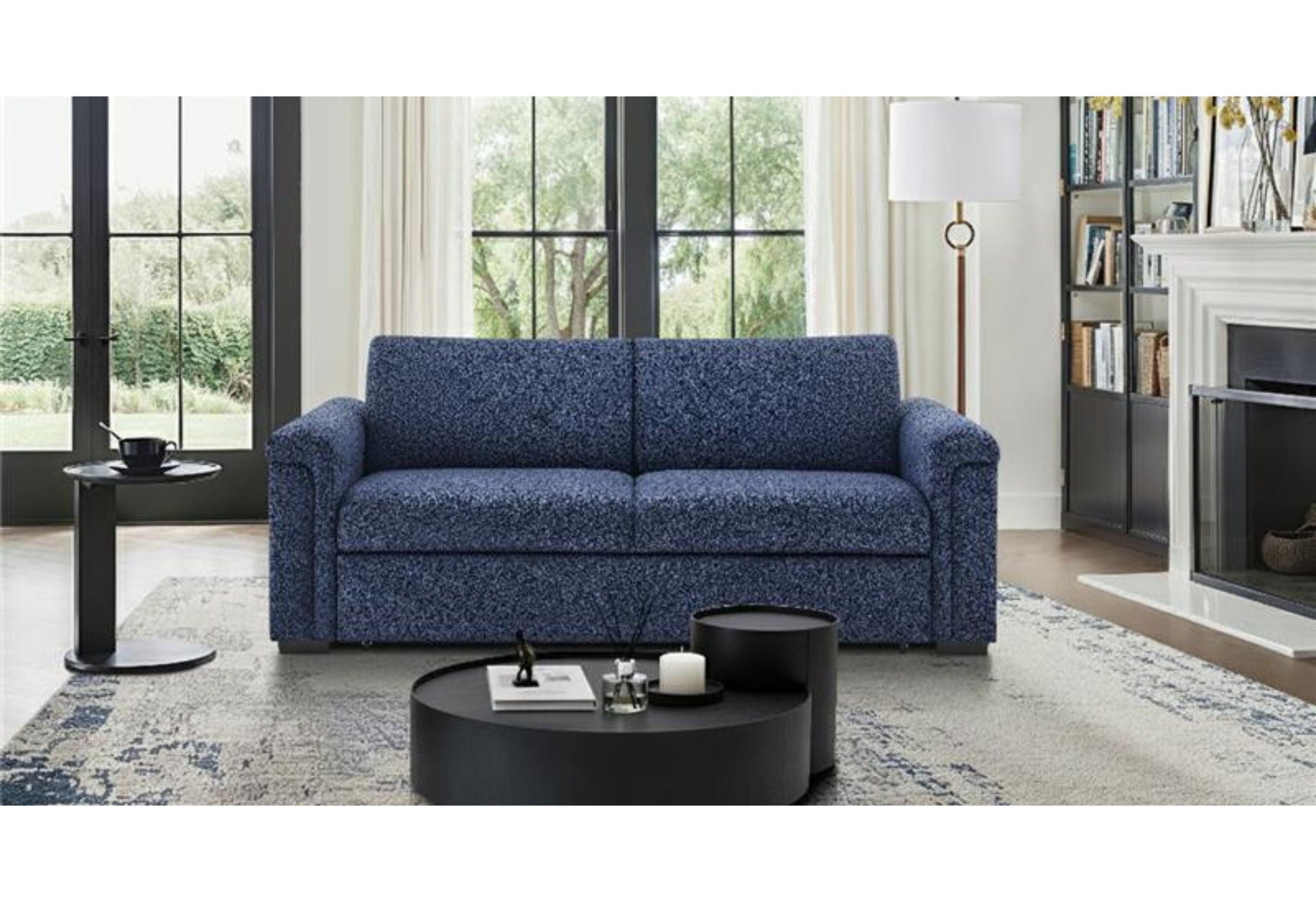 U0211 - Pull Out Sofa Bed With Wooden Bookcase Arm With LED Acrylic Shelves And Speakers - Navy