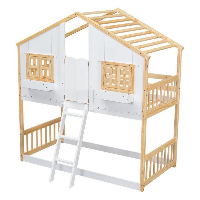 Twin/Twin HBunk Bed with Roof, Window, Window Box, Door, with Safety Guardrails and Ladder White