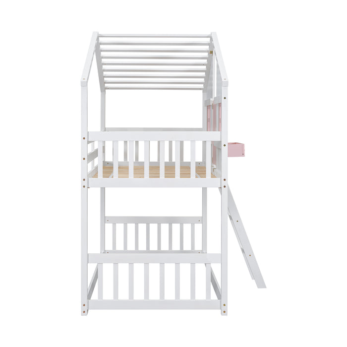 Twin/Twin HBunk Bed with Roof, Window, Window Box, Door, with Safety Guardrails and Ladder White