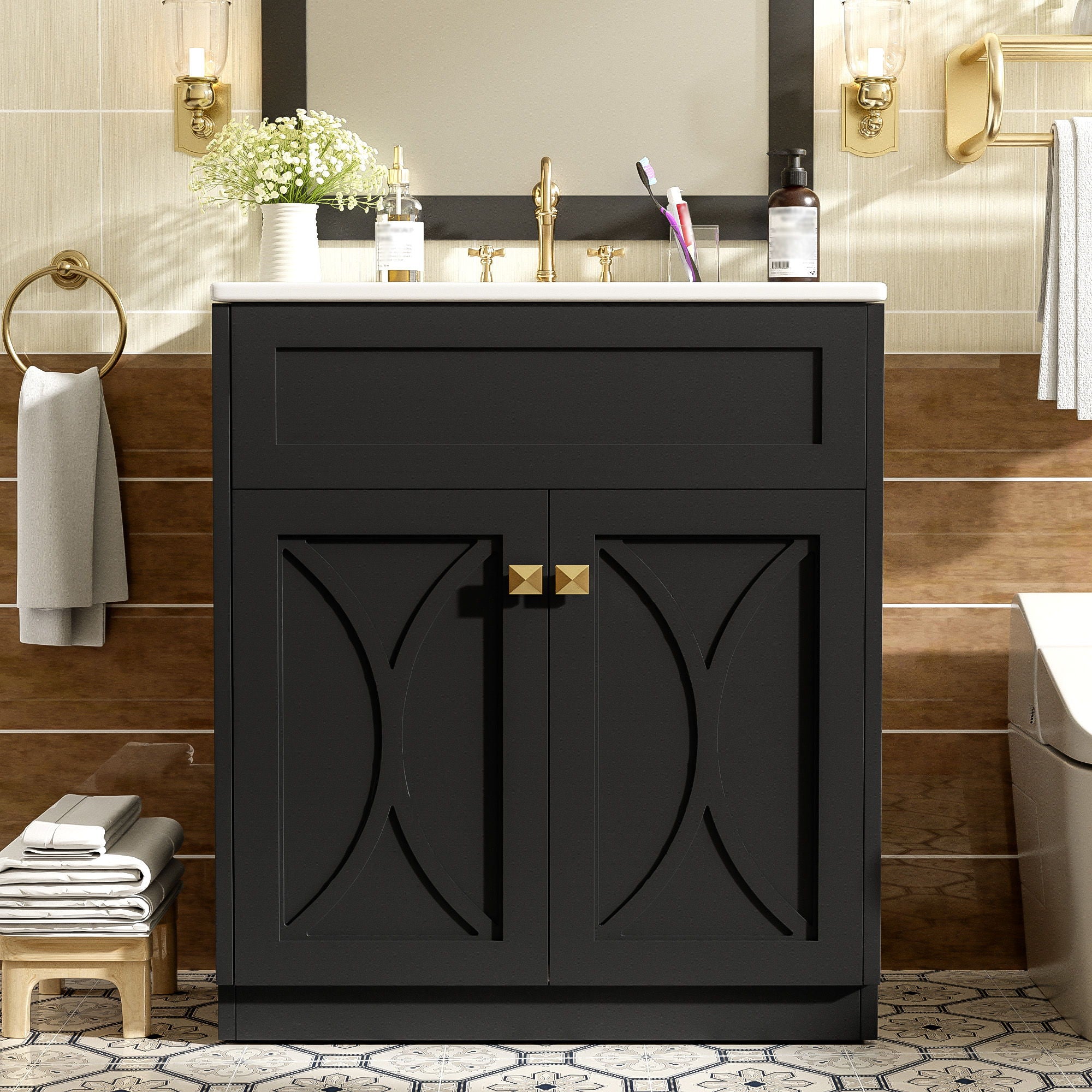 Bathroom Vanity With Sink, Freestanding Storage Cabinet With Handles, Soft Closing Doors