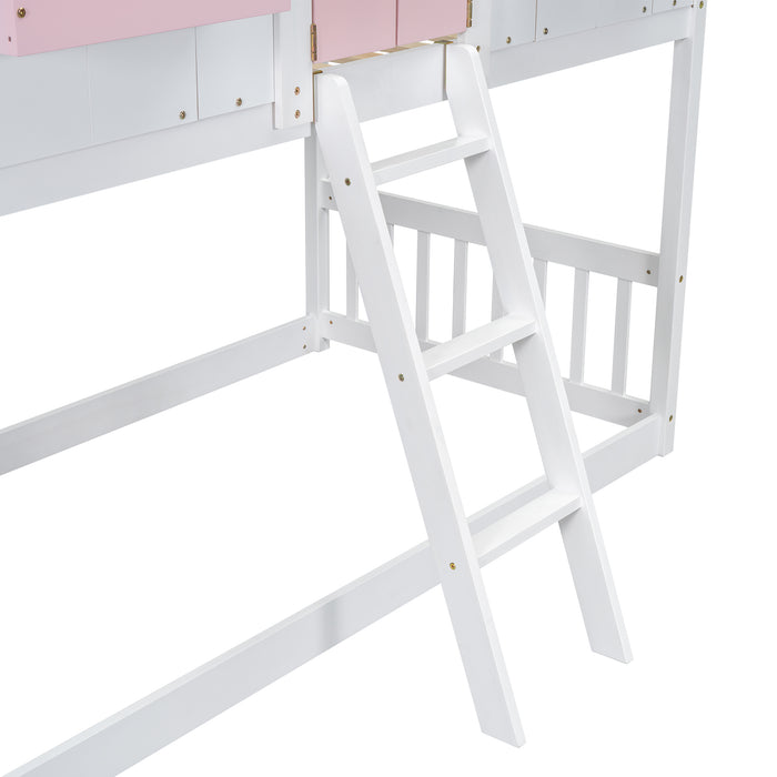 Twin/Twin HBunk Bed with Roof, Window, Window Box, Door, with Safety Guardrails and Ladder White